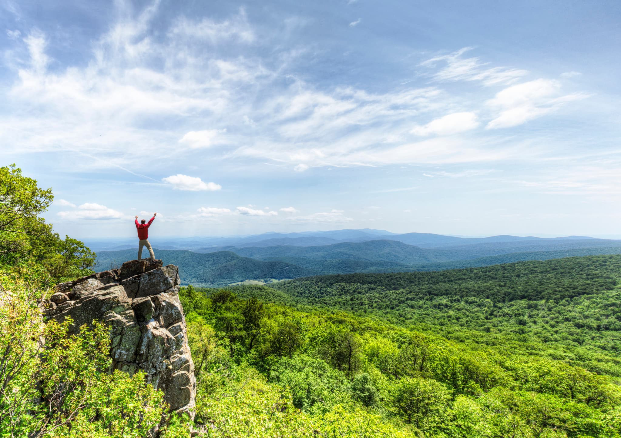 NPS Photo / Neal Lewis A man stands on a rocky outcrop overlooking the receding mountains.