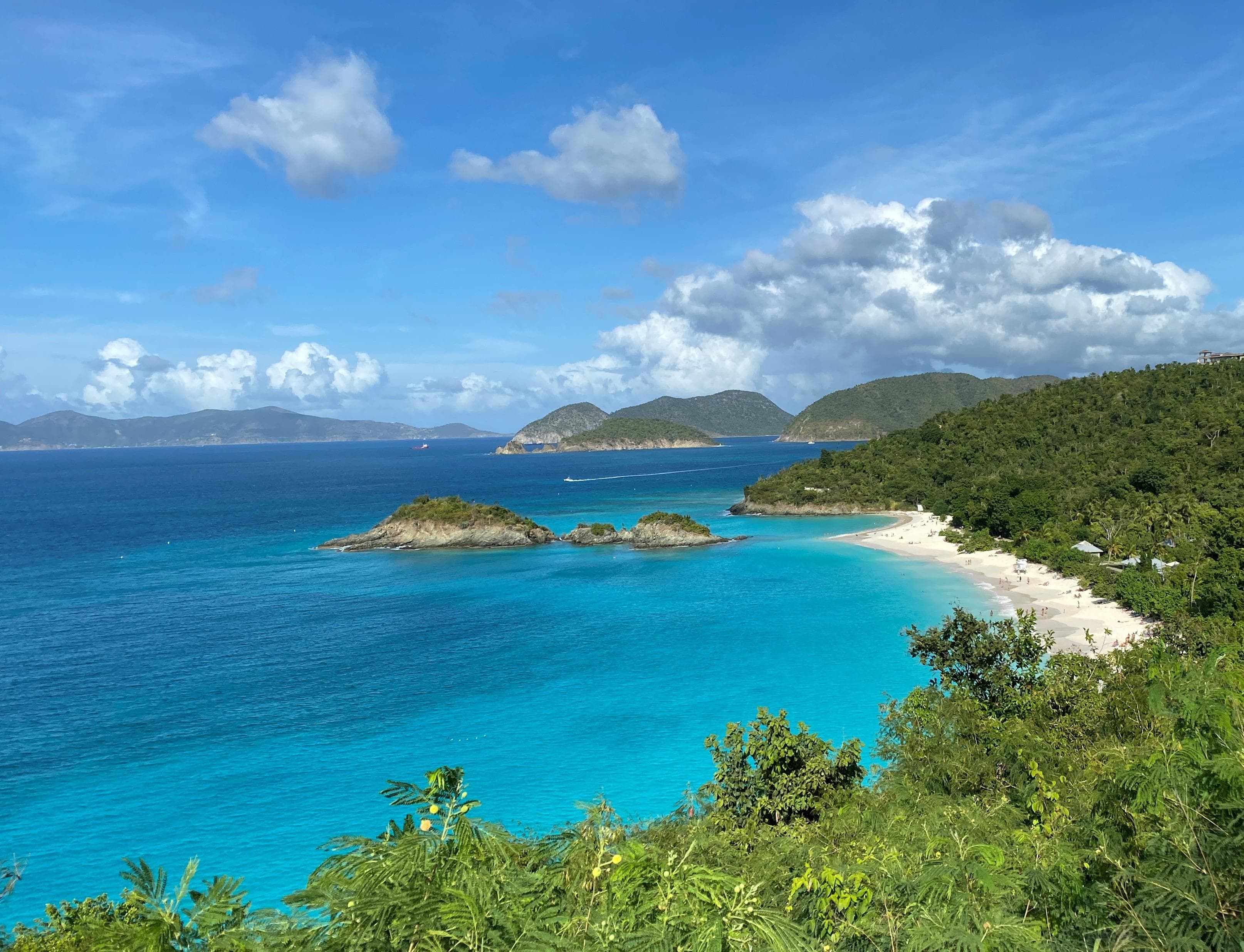 NPS Photo Turquoise water laps white sandy shore fringed with lush green vegetation.